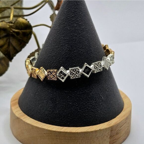 "5/$25" Eremish Geometric Gold & Silvertone Stretch Bracelet Sz Small - Picture 6 of 7